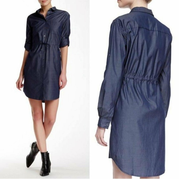 ATM Parka Drawstring Chambray Shirt Dress Blue - Picture 1 of 13